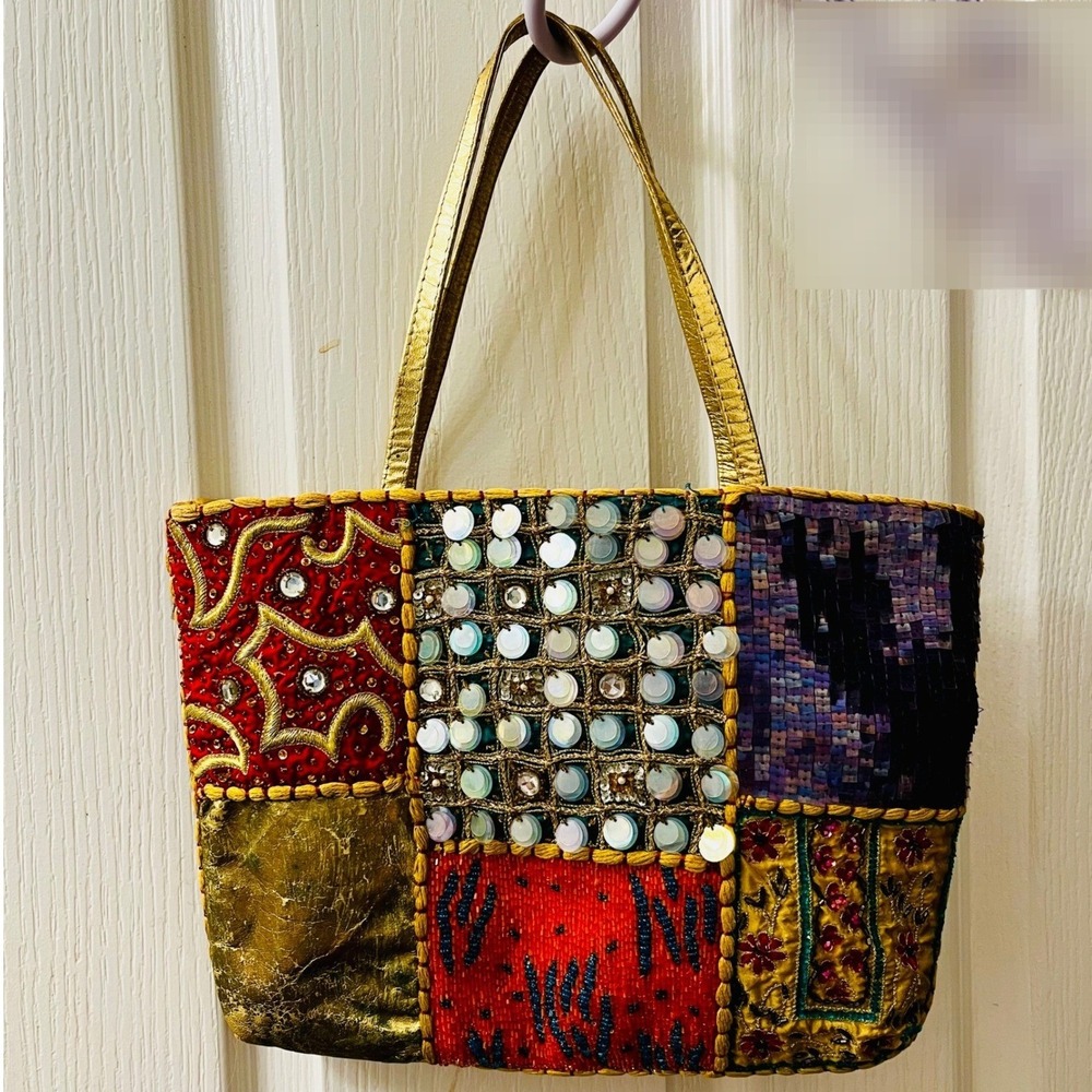 VTG Christiana Silk Beaded Patchwork Tote Bag Multicolor Sequins Embroidery Boho